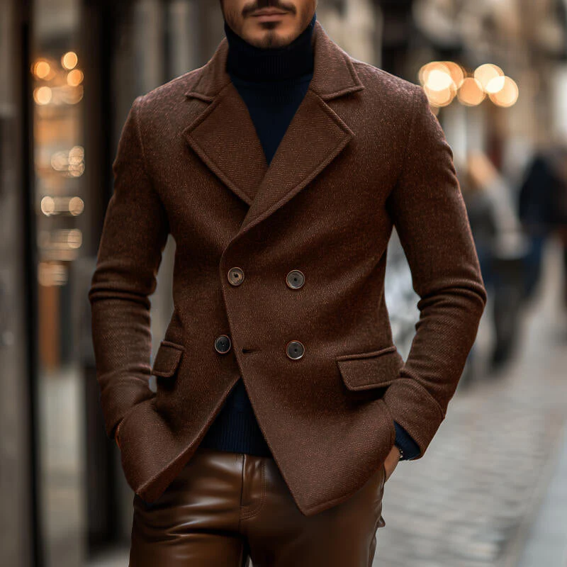 Manteau en laine brun luxe pour hommes – Veste slim fit à double boutonnage avec revers – Image 3