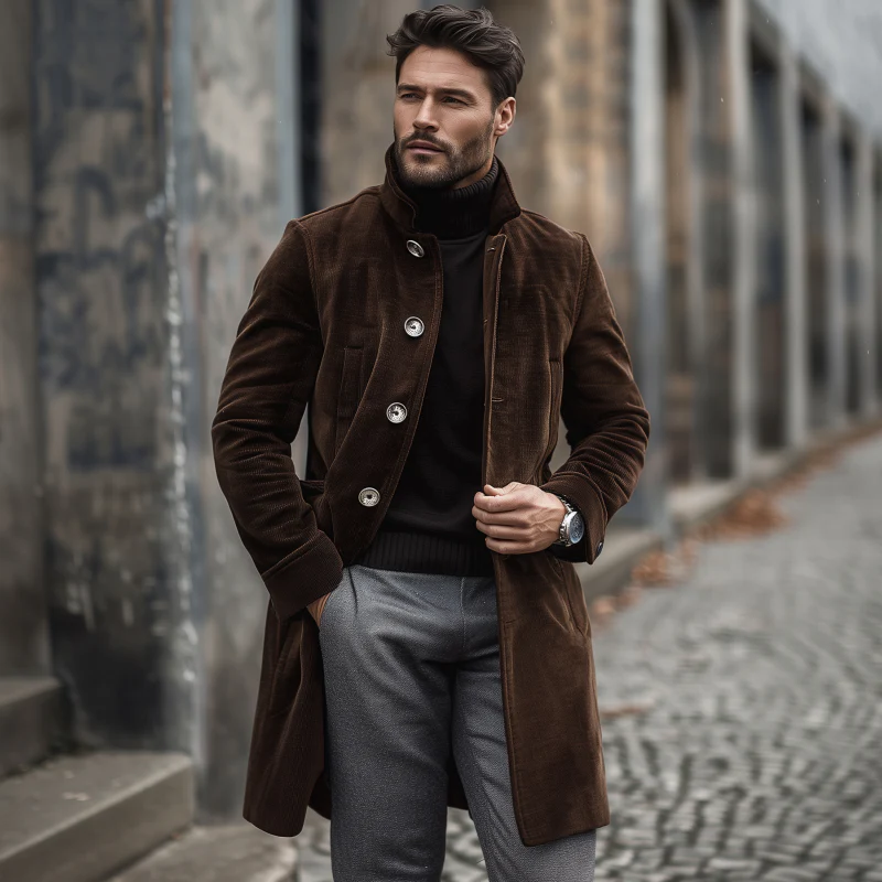 Manteau d'hiver slim fit en velours côtelé brun pour homme – Luxe – Image 4