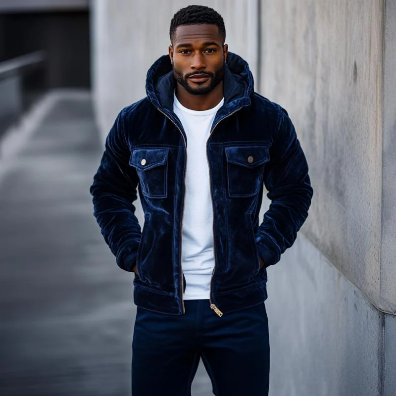 Veste en velours bleu foncé – Veste streetwear de luxe discrète pour homme – Image 4